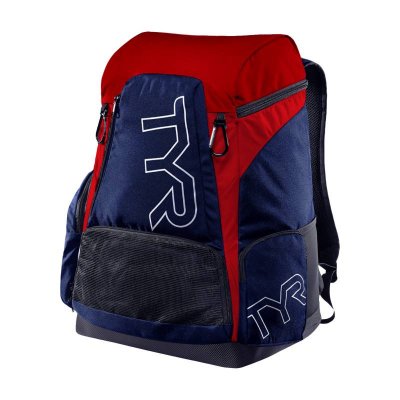 Simryggsäck TYR 45 liter blå röd med flera fack. TYR ryggsäck 45L blå röd för simning