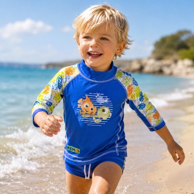 UV-tröja för barn med Nemo motiv och solskydd SPF 50+ på stranden